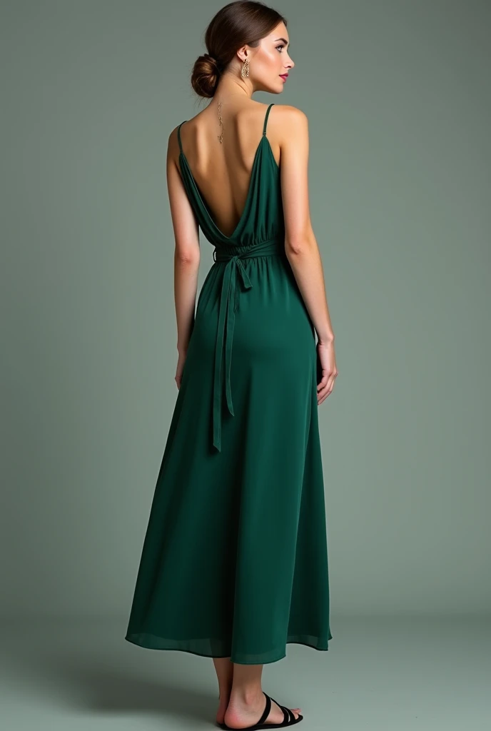 Design a womens dress made from a single luxurious fabric, like silk or satin, with a minimalist yet elegant silhouette. The dress should be a midi length, with a bias cut to create a flattering, fluid drape that hugs the body naturally. The neckline is a ...