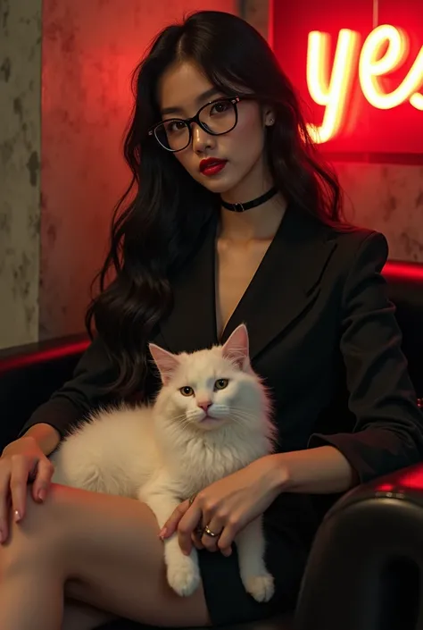 (photorealism:1.2) A Thai-Korean woman with a beautiful face, smooth skin, no makeup, long hair, glasses, a K-pop idols style and clothes, sitting on a chair in the underground, with the name yes on the background, mafia theme, with a fluffy white cat sitt...