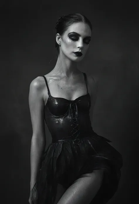 Enigmatic surreal monochromatic photography, spectacular photographic fusion, Erotic fetishisation photography, gritty storytelling, a black swan ballerina dancer, slick tied back hair, (((smudged makeup))), experimental dark fetish photography, Iconic and...