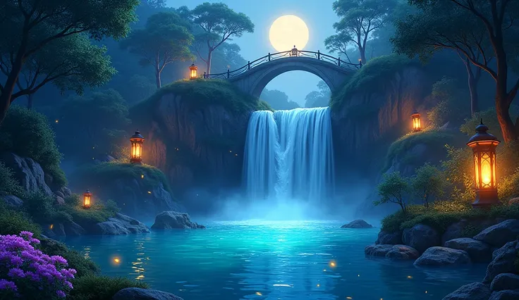 Create a detailed night scene featuring a large, majestic waterfall cascading into a glowing turquoise pool in the center of a lush forest. A stone bridge arches around the waterfall, adorned with glowing lanterns that reflect on the water’s surface. Soft ...