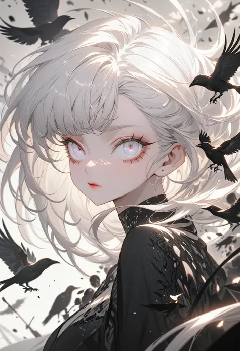 (Best Quality,Very detailed,High resolution:1.2),Albino beautiful girl，Heavy bangs，Long eyelashes，Cool look，Buried in a multitude of crows，