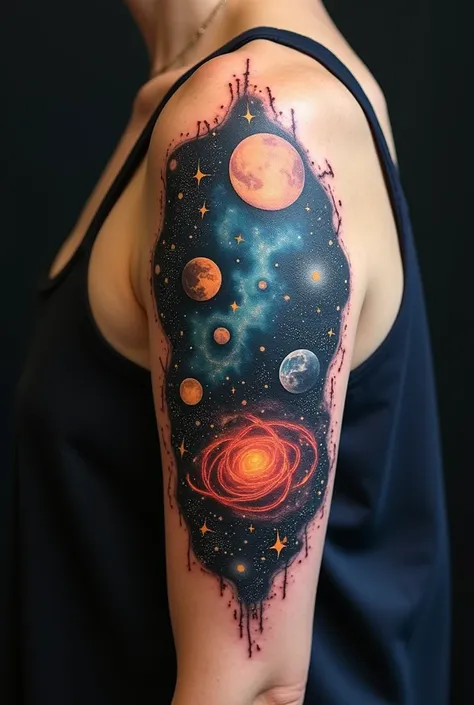 a tattoo with fine lines of the universe with the crab nebula and overlaying the nebula on top, the planet Neptune in the middle, the rib of Cancer showing the lines of the stars of the rib and in the lower part the full moon, its measurements are 35cmx10c...