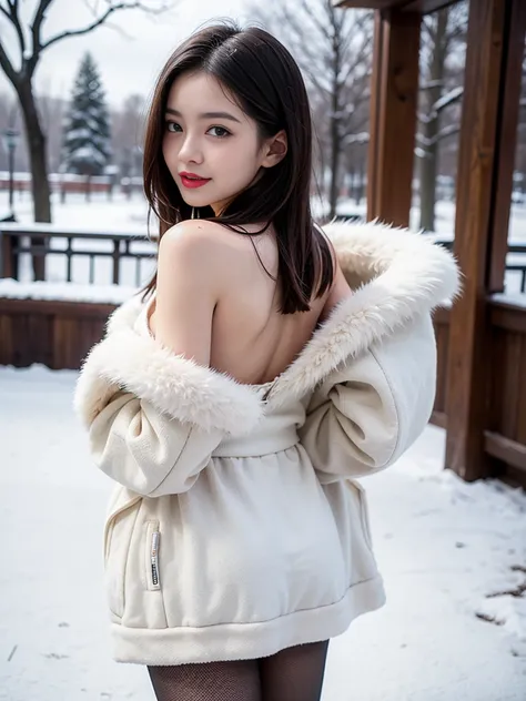 best quality, 4k, 8k, Detailed face, clear face, a pretty girl,Exquisite Makeup, Red lips,laugh, perfect body,shoulder-length straight bob hair,small head,small face,big watery eyes,small breasts,thigh,slim,thin, The girl wears a wide white mink fur coat, ...