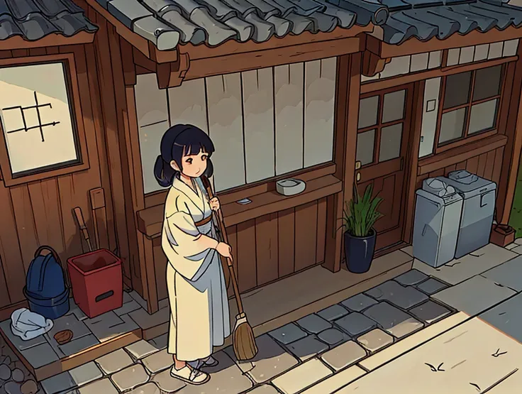 A Japanese woman is cleaning the entrance of house by broom