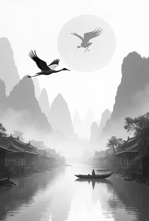 China，Jiangnan Water Village，Black and white ink style，The Sunset flies with the crane，Lake，The Beauty of Ancient Poetry，Sunset，A dragon is flying，Ancient buildings are scattered，Beautiful work