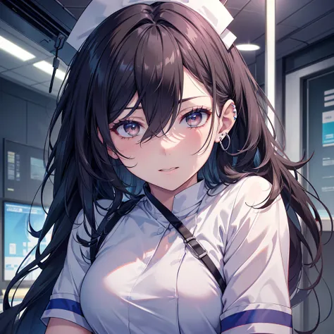 zoom out, Burst Out Laughing, hospital, clinic, wear scrubs, White or pale blue scrub clothing, a nurse aide, with long dark hair, piercing gaze, and a stern expression, no cap, full body view, high resolution, detailed, anime-style illustration, beautiful...