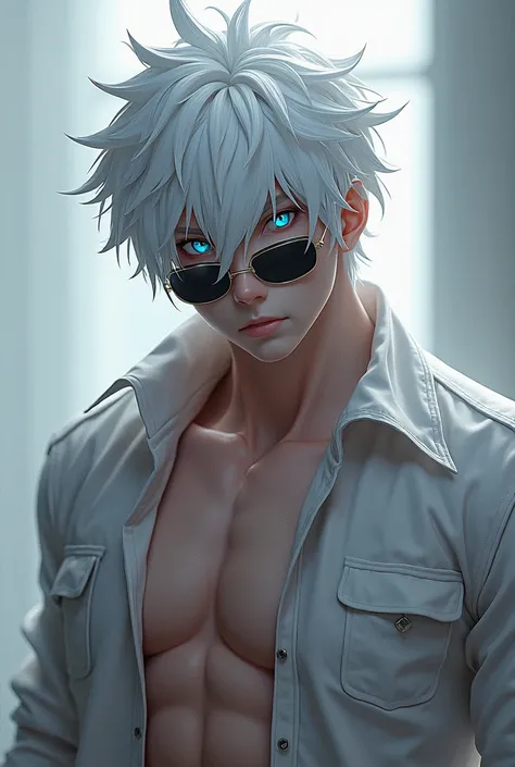 Anime boy, white hair, bright blue eyes, albino, sixpack, wearing sunglasses, slightly messy hair,gojo satoru,The eyes are a bit narrow, His eyelashes are also white, and his jaw is slightly visible 