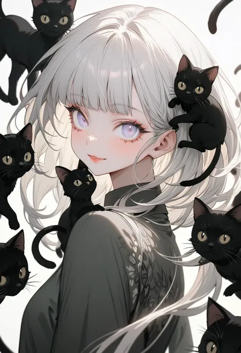 (Best Quality,Very detailed,High resolution:1.2),Albino beautiful girl，Heavy bangs，Long eyelashes，Cool look，Surrounded by a lot of black cats，smile