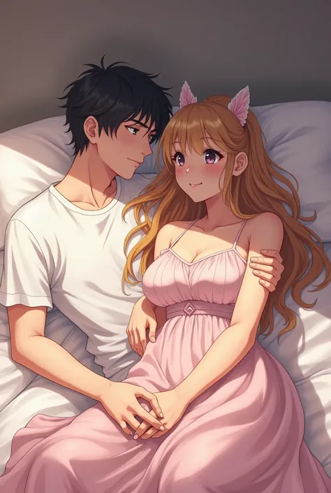 Make a anime older boy and girl in the bed, make the bou hold the girls boobs and the girl is flustered