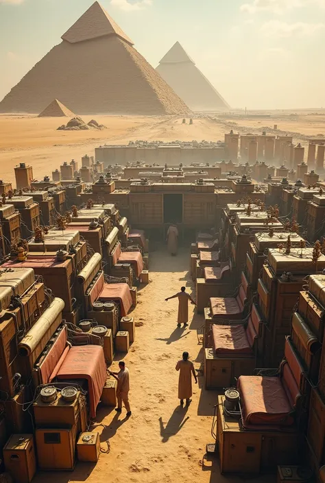 Realistic photo of a modern textile factory in the pyramids of Egypt