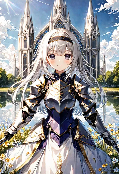 1 child girl,
(platinum hair, lob hair, straight hair),
(dark sapphire eyes, tareme),
smile,

looking at viewer,

(platinum Valkyrie headband),
(platinum Valkyrie Armor Knight),
(white long skirt, gold line),
(with a Sword),

cowboy shot, solo,

(depth of ...