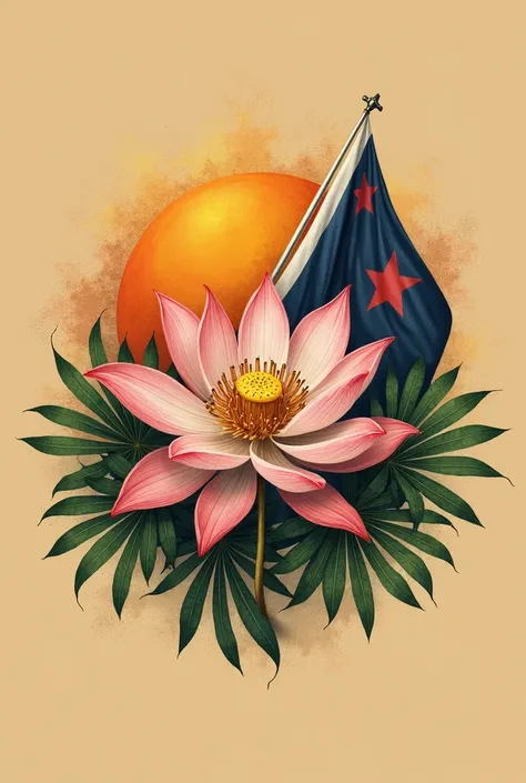 Logo d’entreprise de rhum arrangé artisanal de l’île de la réunion. Le nom de l’entreprise est J’ME LE RHUM. Features the island&#39;s flag with a lotus flower.