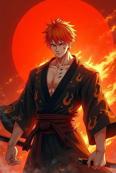 Perfect figure, athletic build, masculine features, vibrant short spiky orange hair, striking orange locks frame his chiseled face and contrast beautifully with his classic black kimono adorned with flame patterns, piercing amber eyes gaze directly at the ...