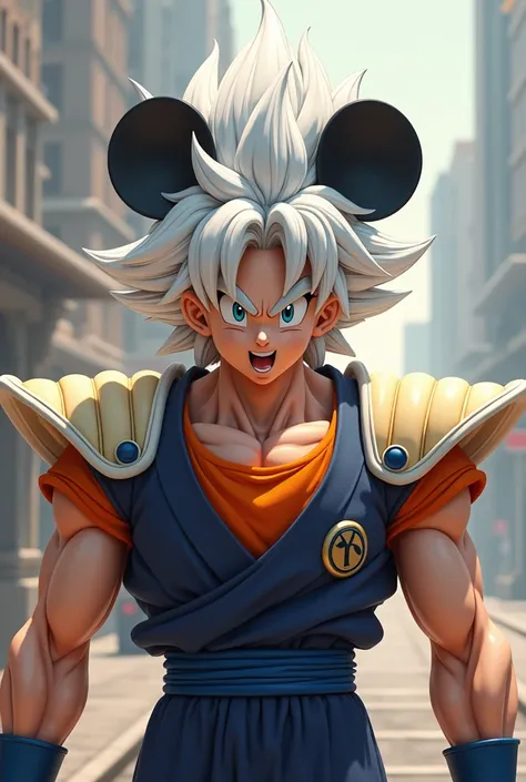 Son goku y mickey mouse fusied,Son Goku predominates in the fusion and has white and spiky hair.,They have a navy blue vest with cream-colored shoulder pads,from under an orange t-shirt