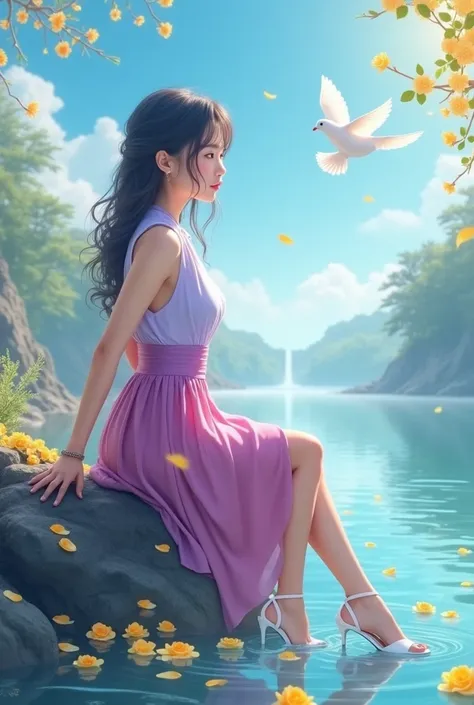 Generate a high-resolution image of a young Asian woman approximately 2, voluptuous, dressed in a fuchsia skirt and a lilac blouse, with a purple belt around the waist. She is wearing a miniskirt and white high heel sandals.. At his feet, There are yellow ...