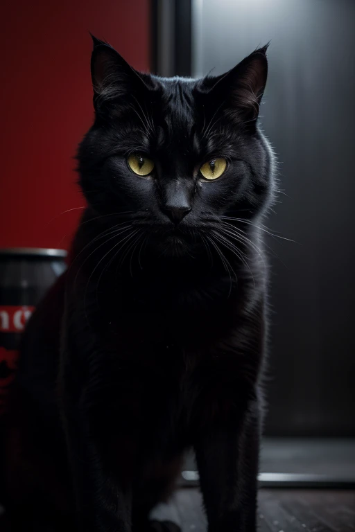 a big black cat, hissing, angry, protective of coca-cola cans, detailed fur, intense glare, dramatic lighting, cinematic, photorealistic, 8k, high contrast, chiaroscuro, moody, menacing, (best quality,4k,8k,highres,masterpiece:1.2),ultra-detailed,(realisti...