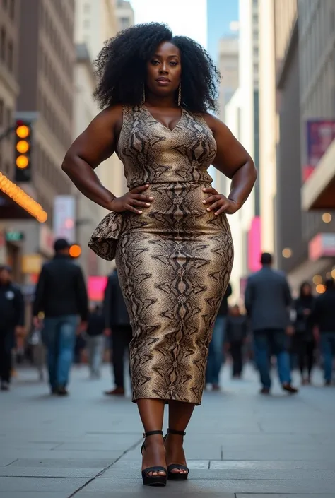 A curvaceous ebony woman exudes confidence on a bustling New York City street, wearing a form-fitting snakeskin print dress with a high neckline and a midi length. A pair of chunky platform sandals and a matching snakeskin clutch complete the fierce look.