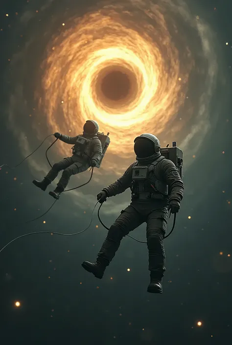 Astronauts has lost their spaceship and they are on the space 
And the only thing they see, is their cables and Starz 
At the background there is a cosmic black hole light with yellow and orange tones,
The spaceship is near to the black hole

Like interste...