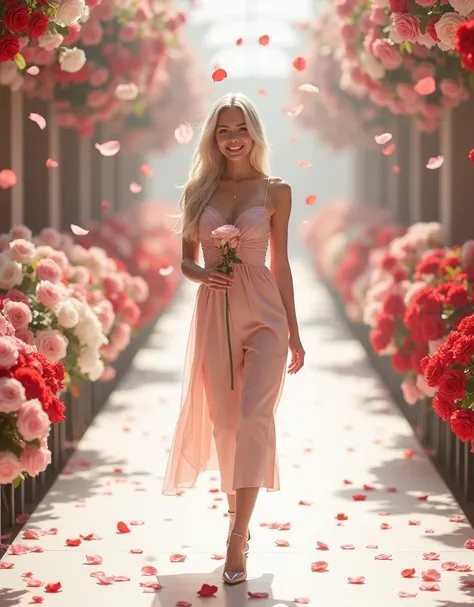 A smiling, white-haired young woman, holding a rose in her hand, walking down a white catwalk strewn with rose petals, rows of beautiful bouquets of red, pink and white roses on either side, petals dancing in the air, roses filling the air,