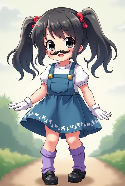 (anime) a small girl, that has black pigtails hair with curtain bangs, and fake moustache..with black eyes. And blue overalls dress. With white t-shirt under it, with puffy white shorts, and purple leg warmers with shiny black shoes ,With white gloves