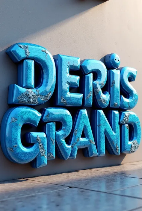 3D graffiti letters on the wall with a granite motif with a shiny blue color, the name ( Deris grand ).