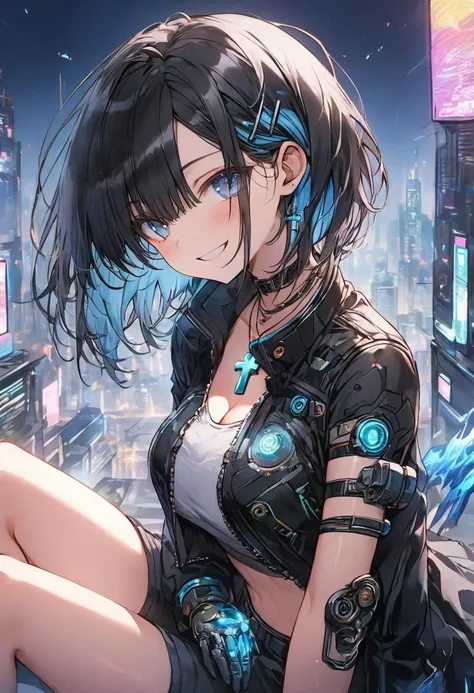 (uncensored), score_9, score_8_up, score_7_up,source_anime, high quality, exceptional, best quality, perfect hand, 1 girl, (solo), looking at viewer, side view, detailed face, detailed eyes, smile, ((blue fire)), (((short hair))), (dark), ((grey crop top))...