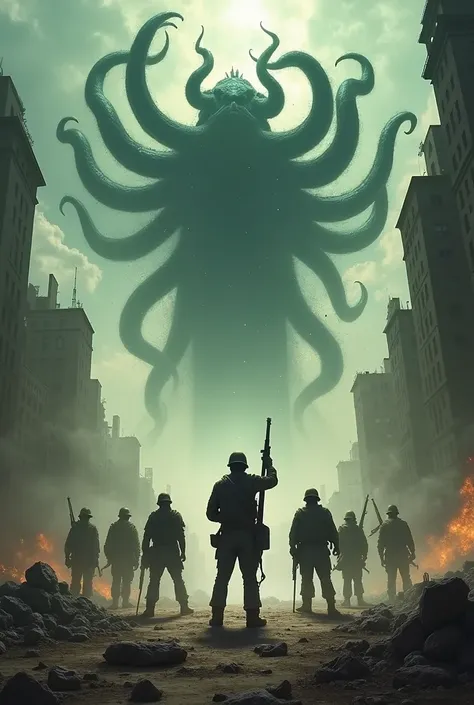 Create a cover for a novel about the world of Cthulhu，The name of the novel is God&#39;s Great Day After Tomorrow，The cover should have both light and dark，Humans raised their weapons and stood on the ruins to attack the huge strange god in the sky.。