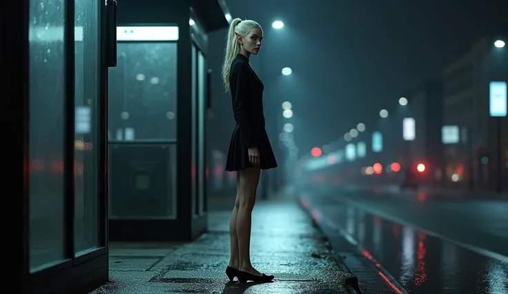 Sexy slim young elf ash blonde, Purple eyes, Standing, Facing forward at a bus stop at night, Wearing a suit with a short pleated skirt, Louboutin-style black heeled shoes, Ballet shoes, Not wearing a bra or panties, ((whole body)) ((Wet floor))