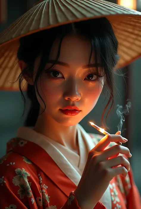 beautiful detailed face, 1girl, beautiful detailed eyes, beautiful detailed lips, extremely detailed face and eyes, longeyelashes, traditional okinawan rice hat, smoking a cigarette, traditional japanese clothing, intricate details, warm lighting, detailed...