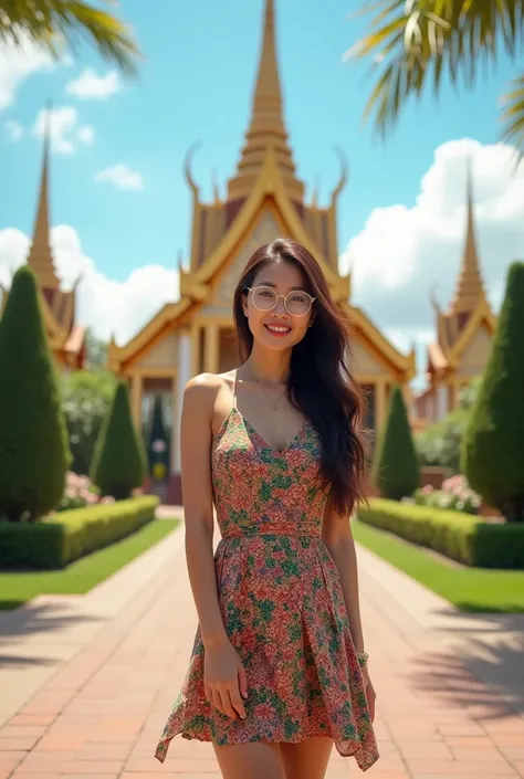 Thai woman, beautiful face, smooth skin, long brown hair, wearing glasses, slim figure, wearing colorful patterned dress and white sneakers. She is smiling, wearing clear glasses, reflecting the combination of fashion and safety. Behind her, there is an an...