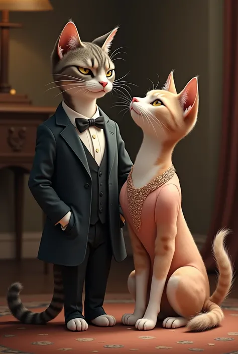 a cat wearing  a suit and a cat wearing a dress