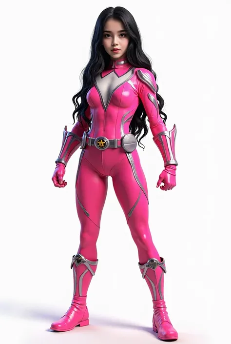 white skin black hair 19 year-old girl wearing pink power Ranger costume pose in combat mode,pure white background 