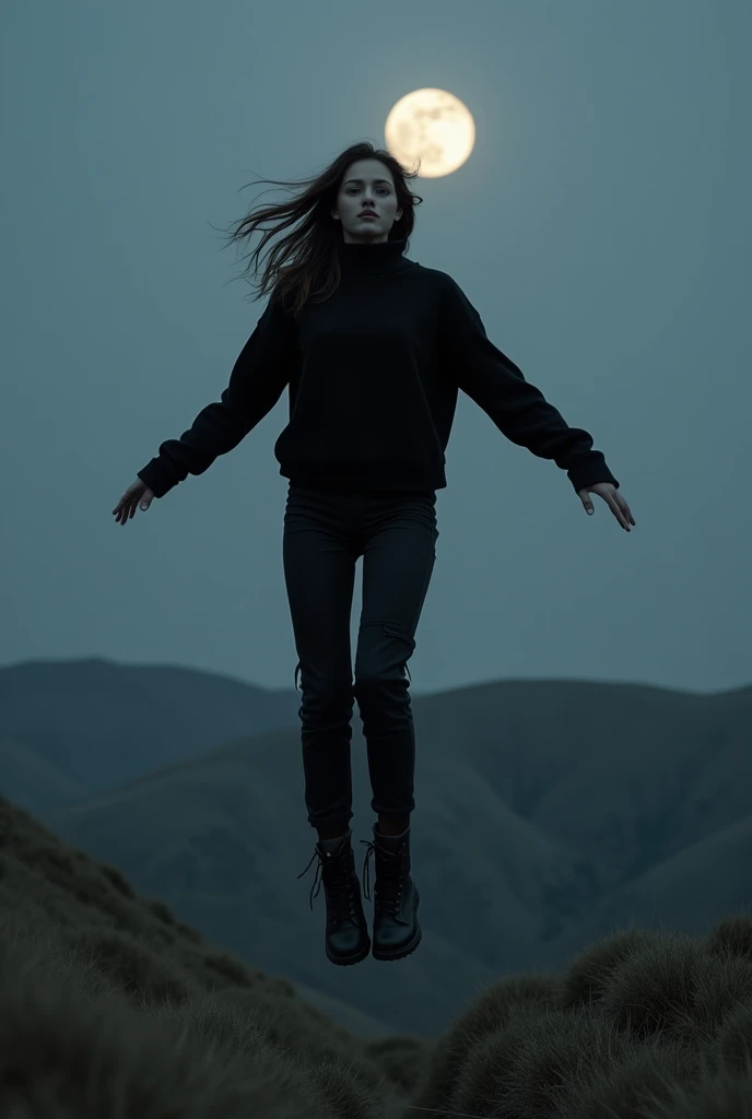 a beautiful young woman, white, wearing a black sweater, tight black cargo pants, caterpillar boots, floating above the ground, with her arms outstretched, moonlight background, on the high hills, cinematic uhd 4k