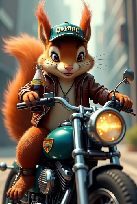 A highly detailed, photorealistic illustration of an anthropomorphic red squirrel sitting on a motorcycle. The squirrel is dressed in a brown leather jacket and pants, with an "Orlando Magic" baseball blue cap bon its head, gripping a bottle of soda in one...