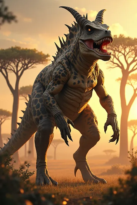 fearsome, reptilian creature with the body of a dinosaur and the spots of a giraffe stands in a savanna landscape. It has a menacing grin, sharp teeth, and horns protruding from its head. Tall trees and a setting sun form the backdrop.