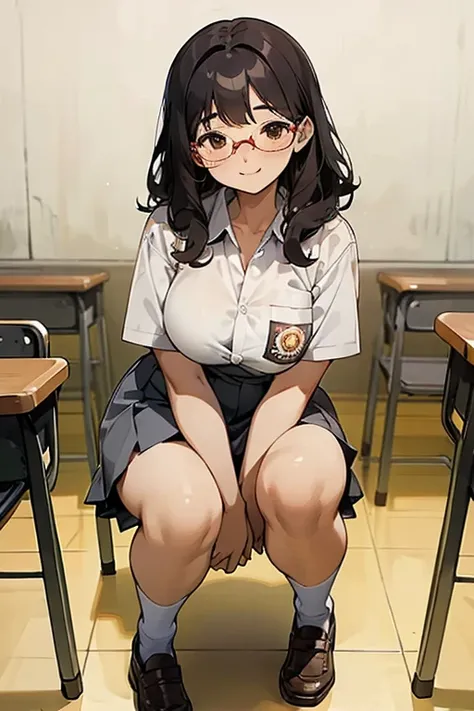 1 woman, , Magazine cover, black curly hair, plump body, brown eyes, Indonesian high-school uniform, wearing glasses, white shirt, osis logo on shirt pocket, natural big breasts, light-grey pleated skirt, squat pose, full body shot, smiling, in the classro...