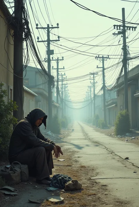 The electric poles are tangled with wires. The roads are deserted. There is one homeless person sitting on the side of the road.
