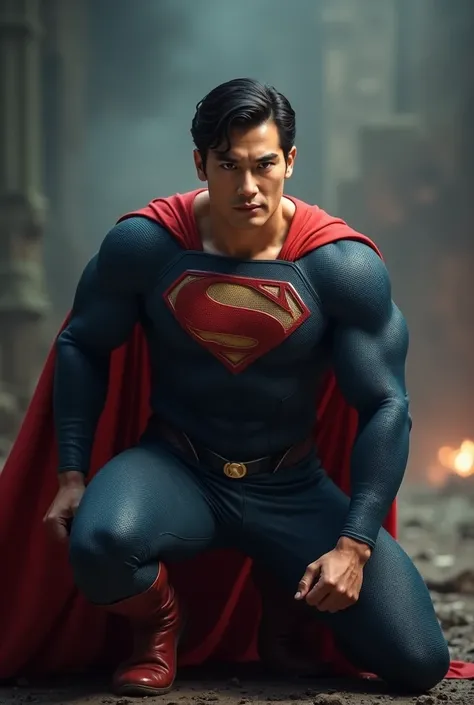 Asia handsome man with classic superman suit knee downHD, 