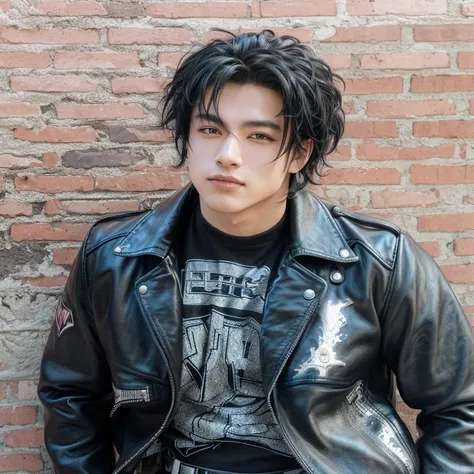 arafed anime man in a black leather jacket standing in front of a brick wall, biker, punk-rocker