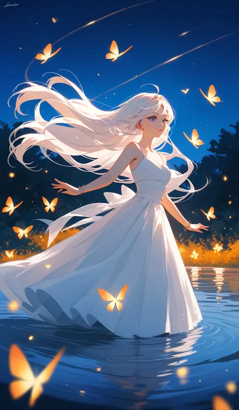 /imagine prompt: A woman with long flowing hair standing by a serene lake on a summer night, the moonlight reflecting on the water, fireflies dancing around her, and a soft breeze gently moving her dress as she gazes at the stars --v 6 --style raw --ar 16:...