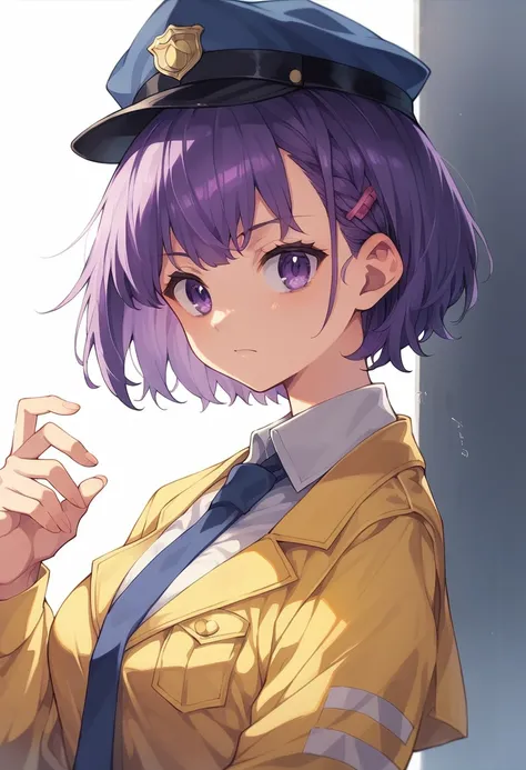 girl、Police Officer、Calm、Yellow RobeをPolice Officerの服の上から着る、Purple Eyes、Purple Hair、Short Hair、、Yellow Robe