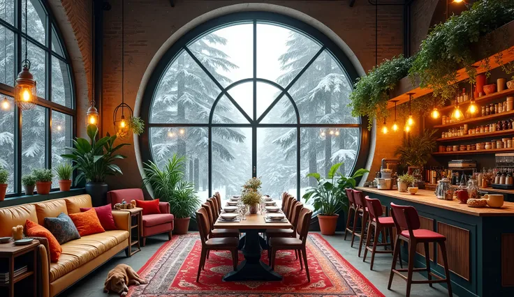 "Create a spacious, vibrant, and beautifully decorated cafe interior with a large, industrial-style circular window that offers a breathtaking view of a snowy forest. The cafe is filled with lush hanging plants, twinkling fairy lights, and a variety of ecl...