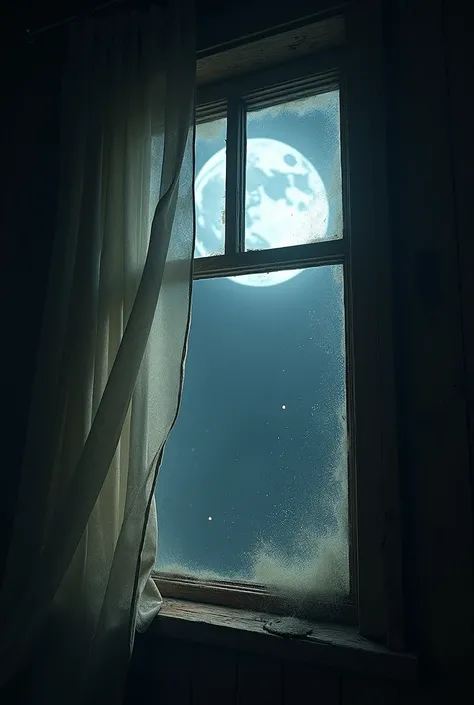 A close-up of an old, creaky window suddenly flying open on its own. The wind blows in forcefully, causing curtains to billow and sending dust particles swirling in the moonlight.