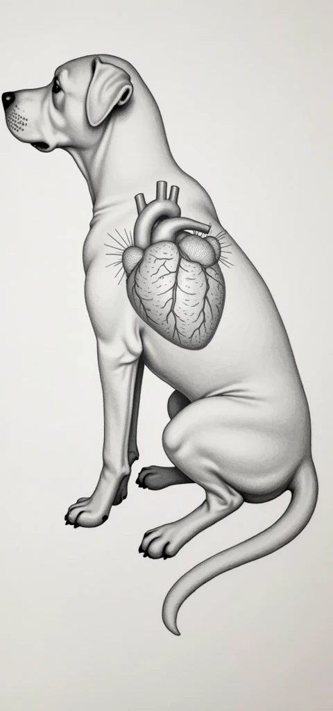 a penciled silhouette of a dog, in which you can clearly see the heart, which is connected to the brain. Ультра детализация, хорошое качество. 