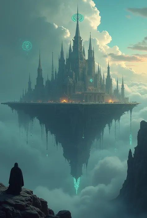 Simple ancient city with runes in the sky on top of clouds in the sky on top of thick clouds