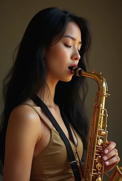 Only one lady, (golden, shiny, play bright tenor saxophone), (dynamic posing), (longs schwarzes Kleid), young woman, (light skin), /(long, Black hair/) , (eyes slightly closed), (golden, shiny, hold bright tenor saxophone in mouth) (closed mouth:1.1), (Mas...