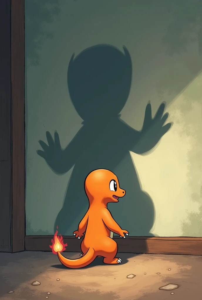 
Create an illustration in the style of a rare trading card, inspired by the features of the "Illustration Rare" Pokémon cards. The picture shows a cute, but frightened Charmander in a quiet room. Charmander stands in front of a wall, and on the wall is hi...