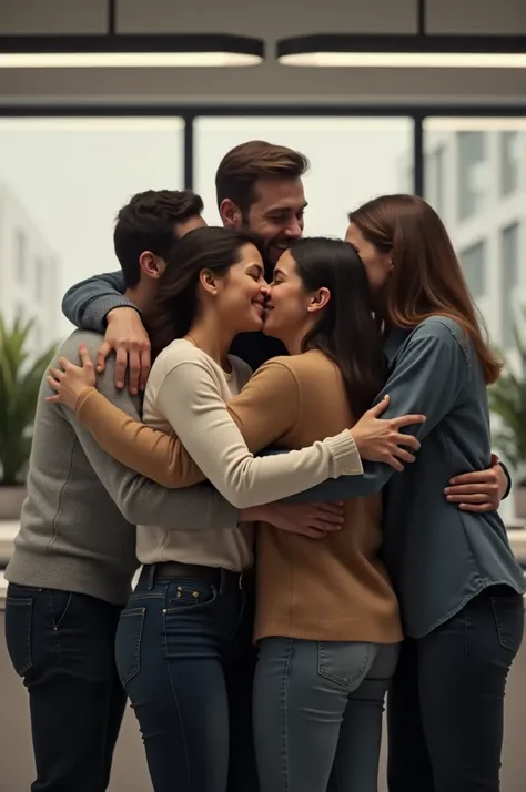 Group of people in an office, hugging each other 