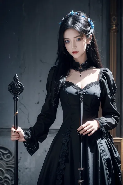 a woman painted in a gothic style holding a staff in her hand, 1girl, black flower, black rose, dress, blue eyes, solo, black dress, looking at viewer, flower, mole, mole under eye, Steampunk