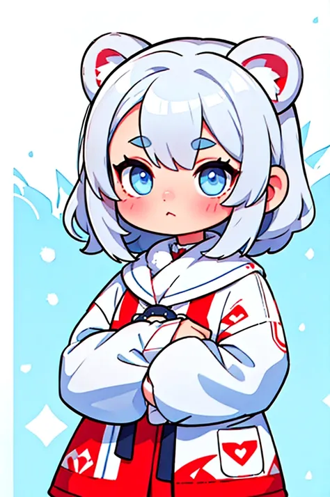 Silver Hair　Medium Hair　Light blue thick eyebrows　Light blue eyes　beautiful girl　Red sweater　White bear ears　Snow Background